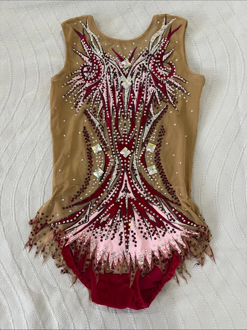 Embellished Tan and Burgundy Rhythmic Leotard